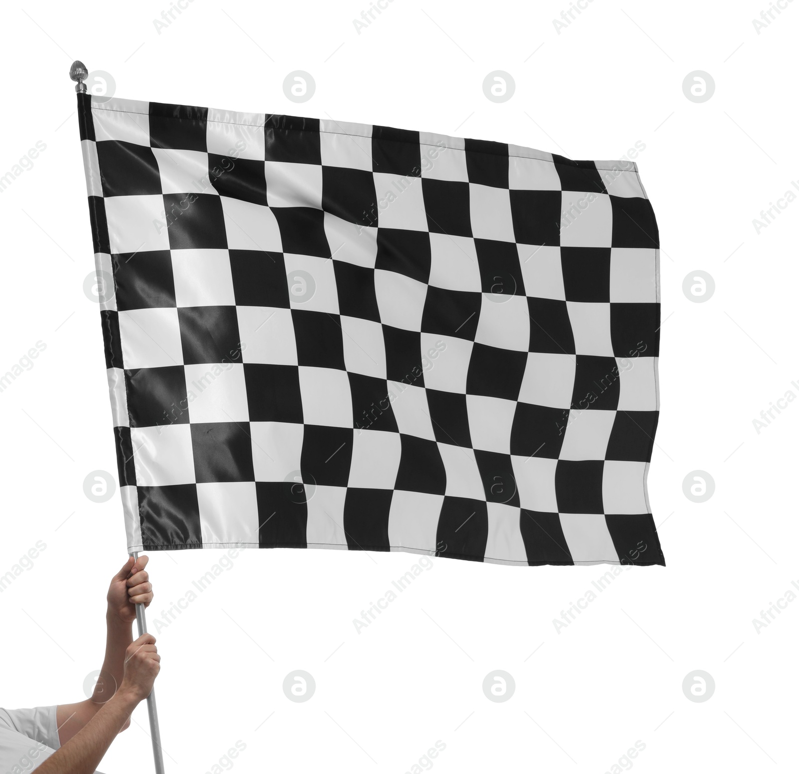 Photo of Woman with checkered flag on white background, closeup