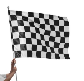 Photo of Woman with checkered flag on white background, closeup