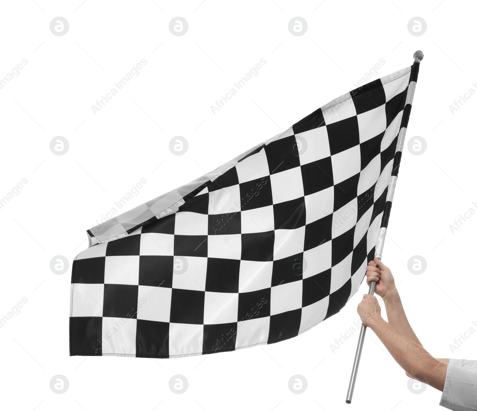 Photo of Woman with checkered flag on white background, closeup