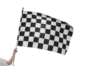 Photo of Woman with checkered flag on white background, closeup