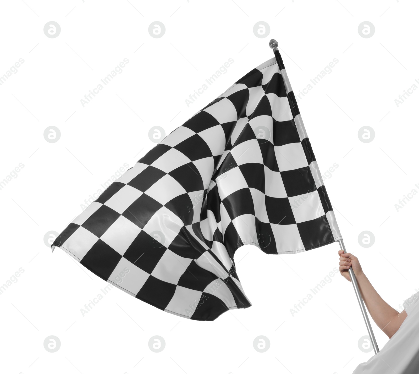 Photo of Woman with checkered flag on white background, closeup