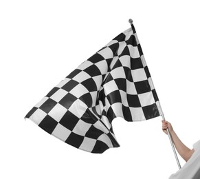 Photo of Woman with checkered flag on white background, closeup