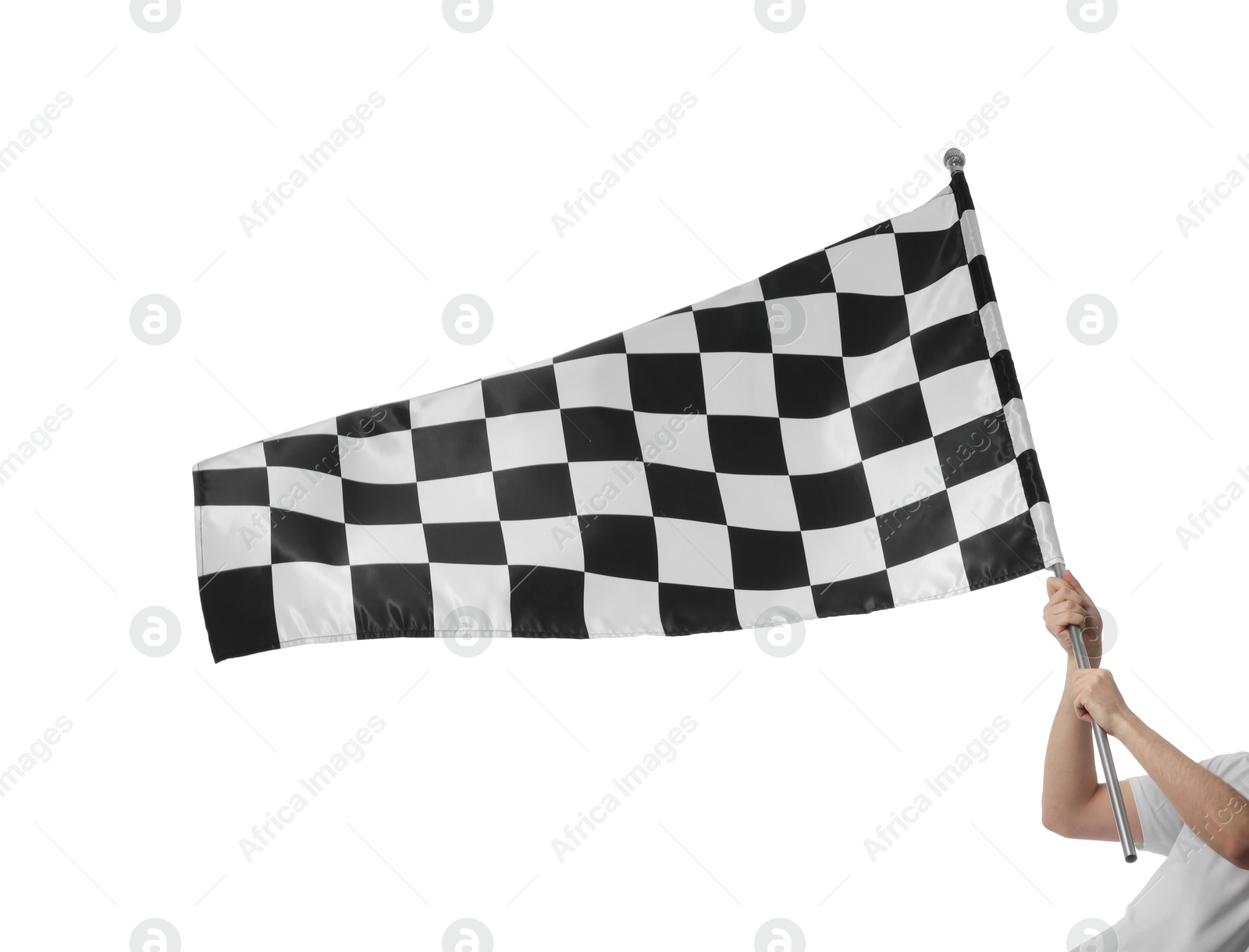 Photo of Woman with checkered flag on white background, closeup