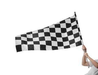 Photo of Woman with checkered flag on white background, closeup