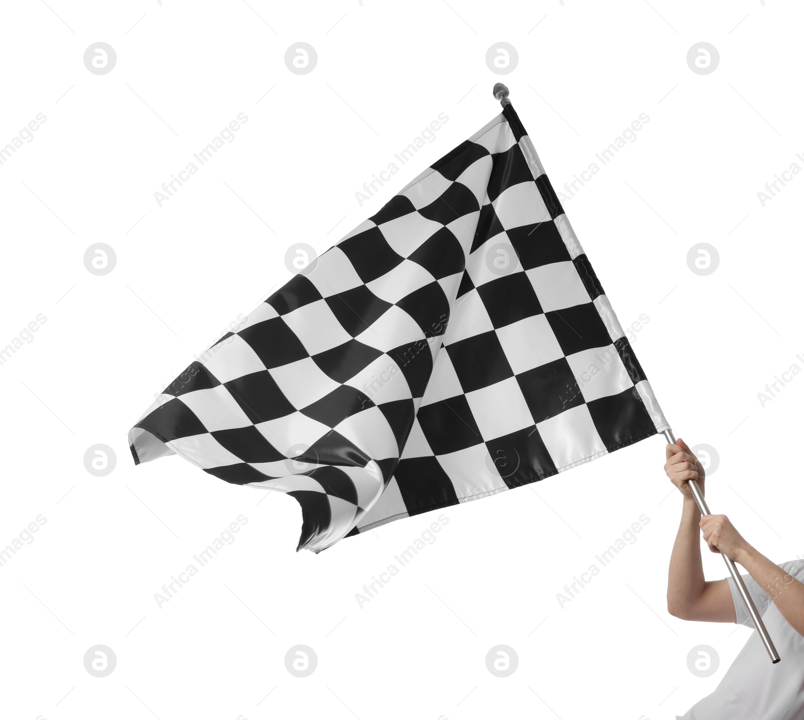 Photo of Woman with checkered flag on white background, closeup