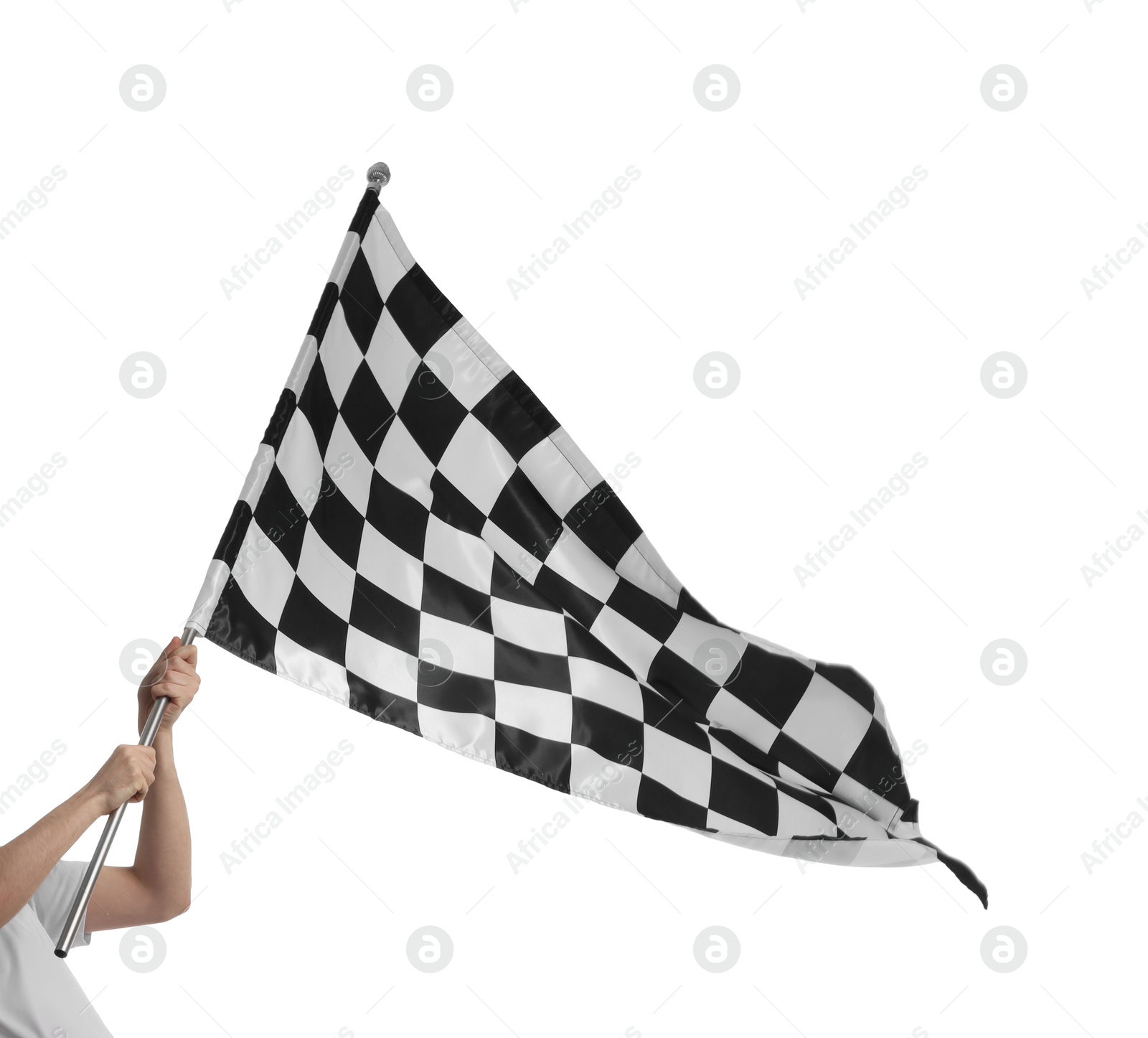 Photo of Woman with checkered flag on white background, closeup