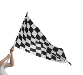 Photo of Woman with checkered flag on white background, closeup