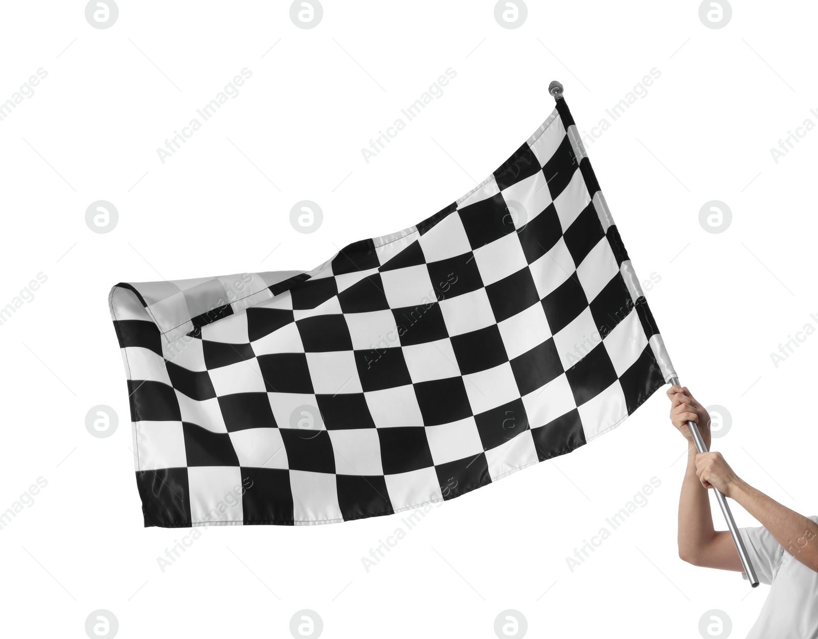 Photo of Woman with checkered flag on white background, closeup