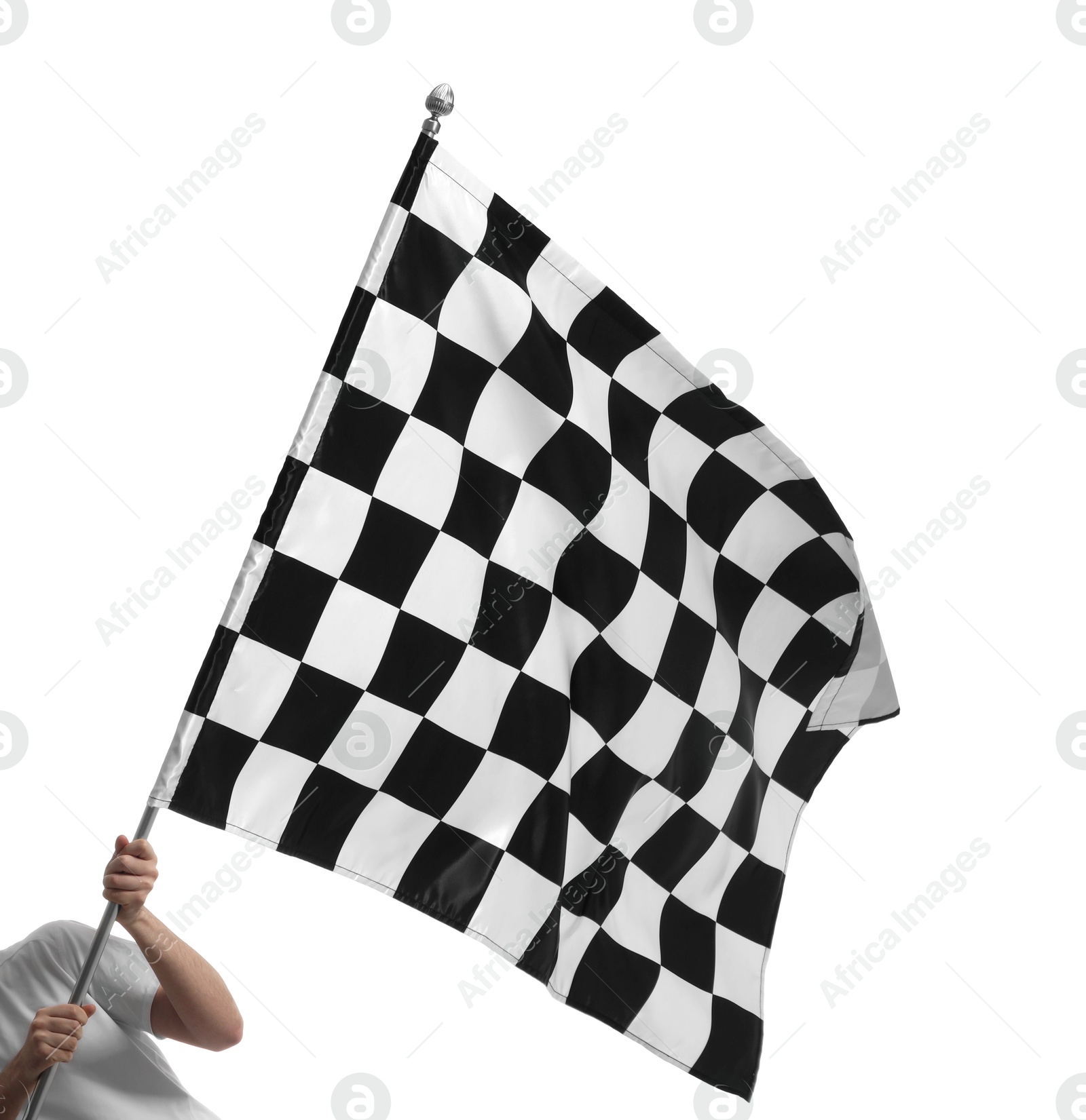 Photo of Woman with checkered flag on white background, closeup