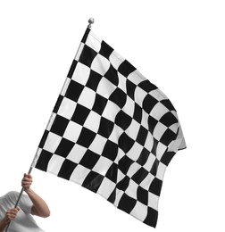 Photo of Woman with checkered flag on white background, closeup