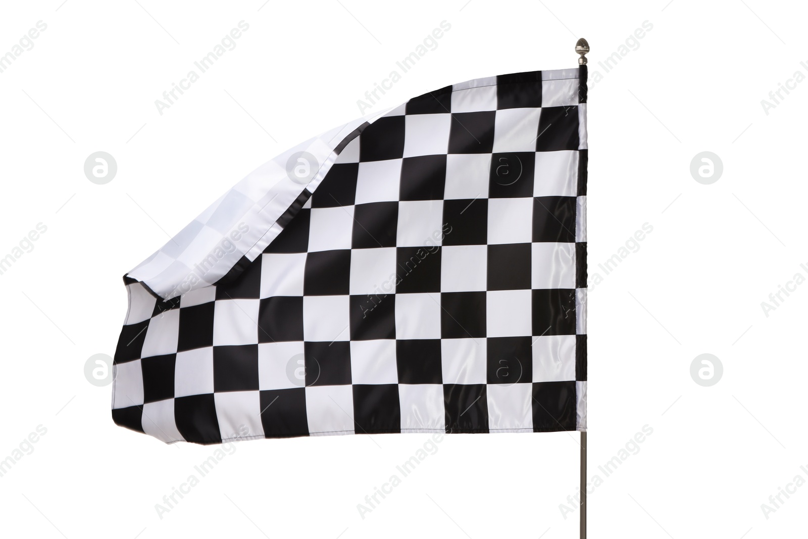 Photo of Woman with checkered flag on white background, closeup