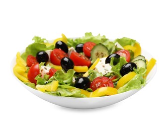 Photo of Delicious fresh Greek salad isolated on white