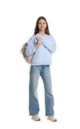 Photo of Smiling teenage girl with backpack on white background