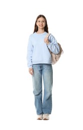 Photo of Smiling teenage girl with backpack on white background