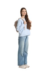 Photo of Smiling teenage girl with backpack on white background