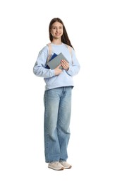 Photo of Smiling teenage girl with books on white background