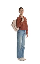 Photo of Smiling teenage girl with backpack on white background