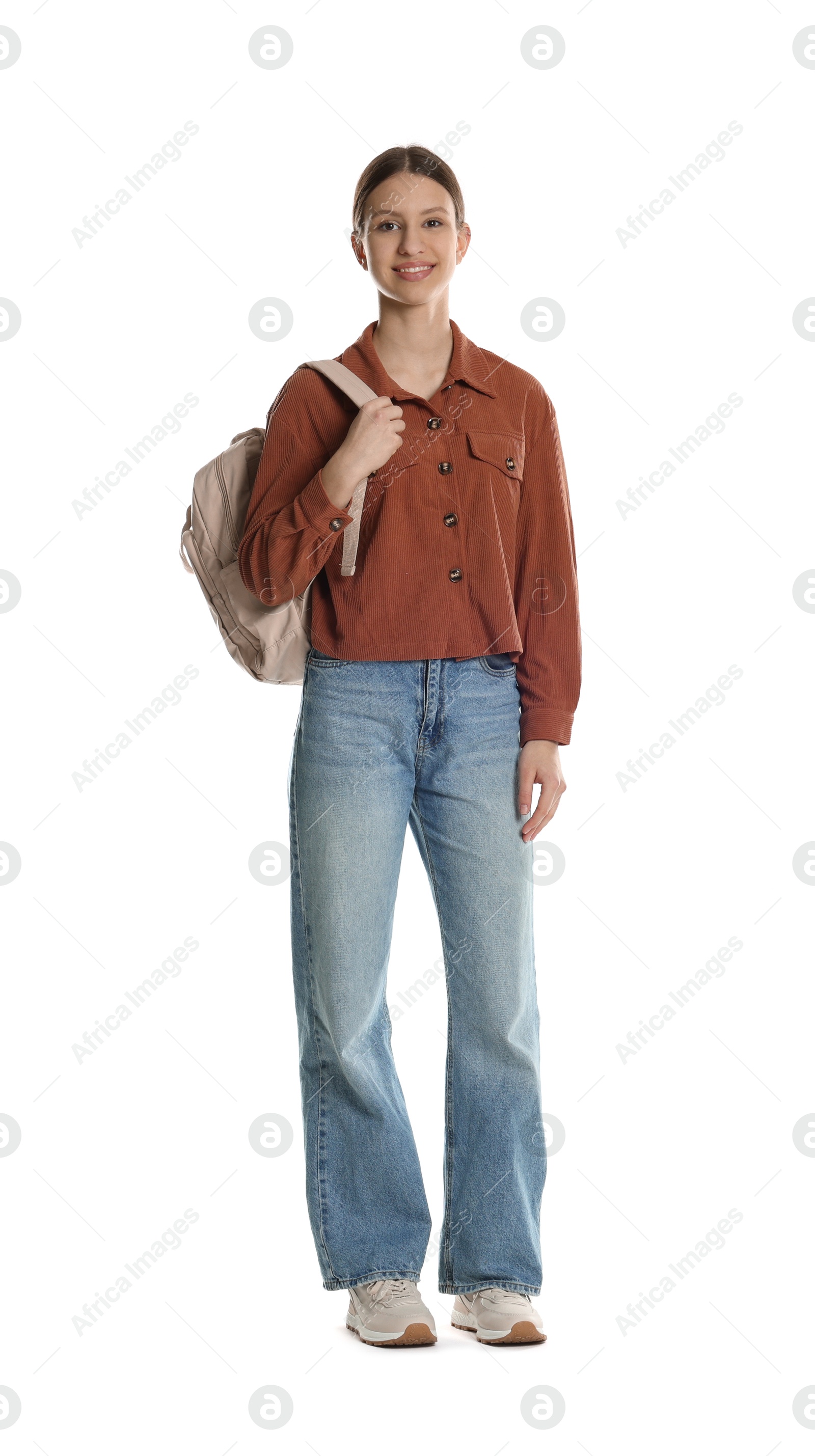 Photo of Smiling teenage girl with backpack on white background