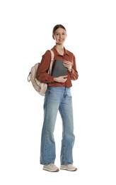 Photo of Smiling teenage girl with notepad and backpack on white background