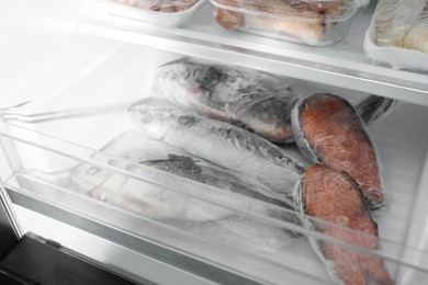 Photo of Different frozen fishes in container of fridge