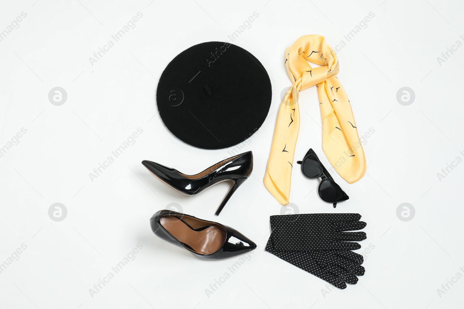 Photo of Stylish accessories on white background, flat lay