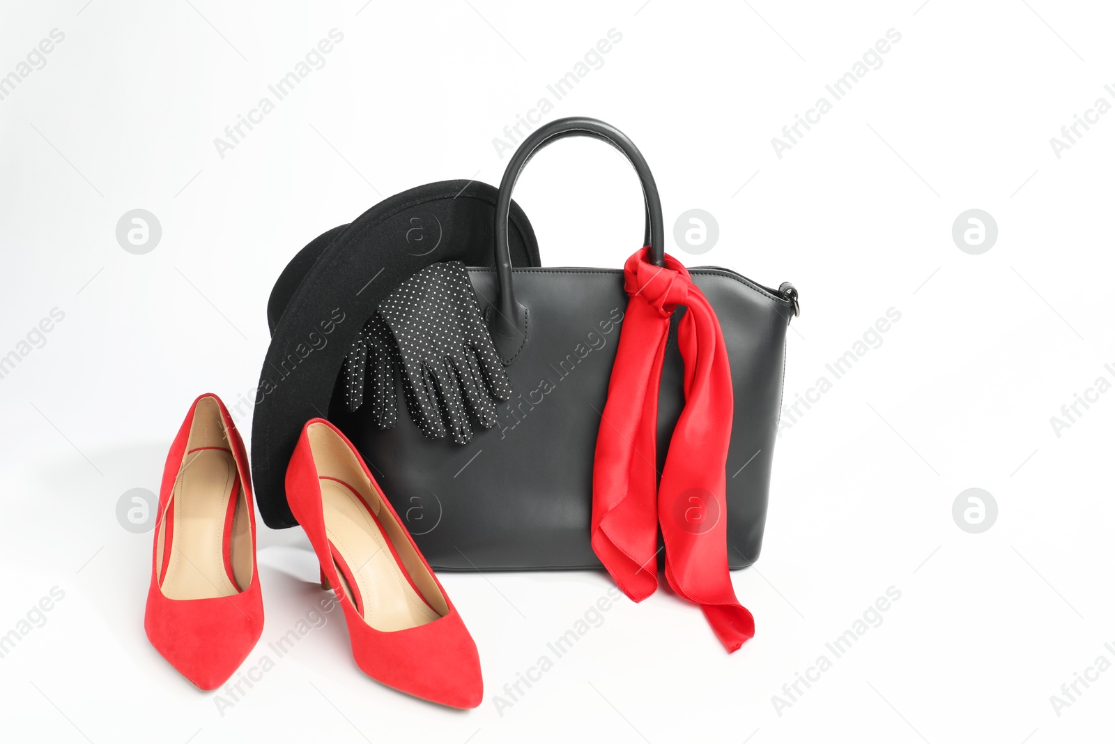 Photo of Stylish bag and other accessories on white background