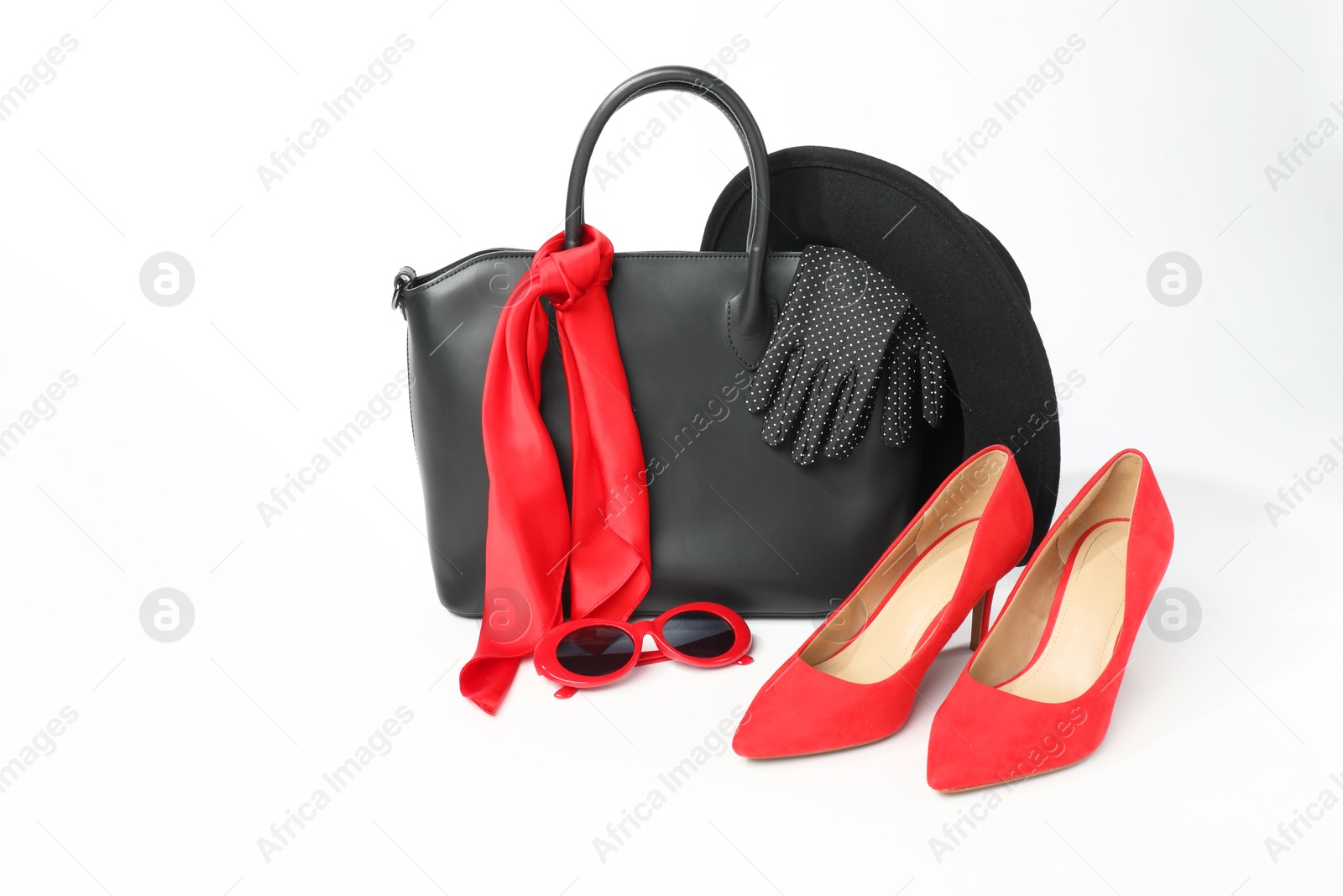 Photo of Stylish bag and other accessories on white background