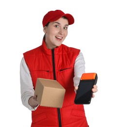 Happy courier with payment terminal and parcel on white background