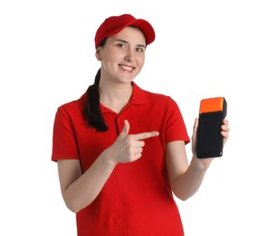 Happy courier with payment terminal on white background