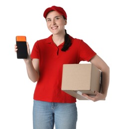 Happy courier with payment terminal and parcel on white background