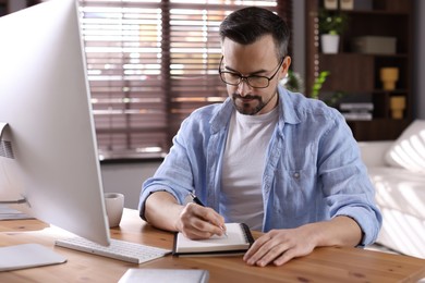 Photo of Handsome man working with computer at desk indoors. Home office