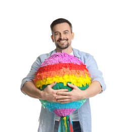 Photo of Happy man with colorful pinata on white background