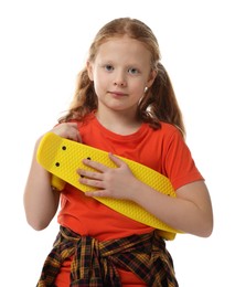 Stylish little girl with penny board on white background