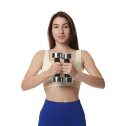 Photo of Woman in sportswear exercising with dumbbells on white background