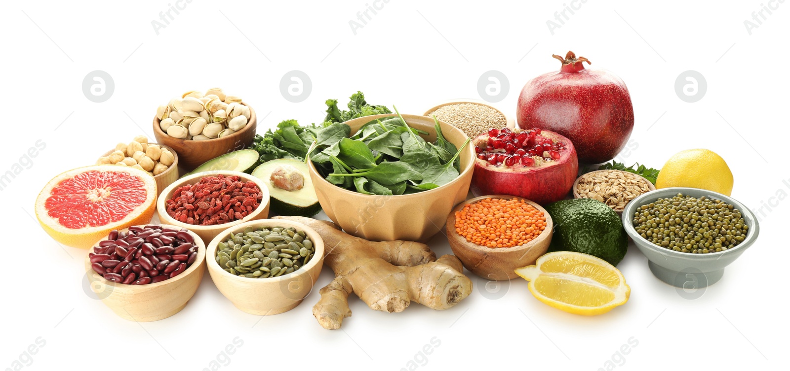 Photo of Many different superfood products isolated on white