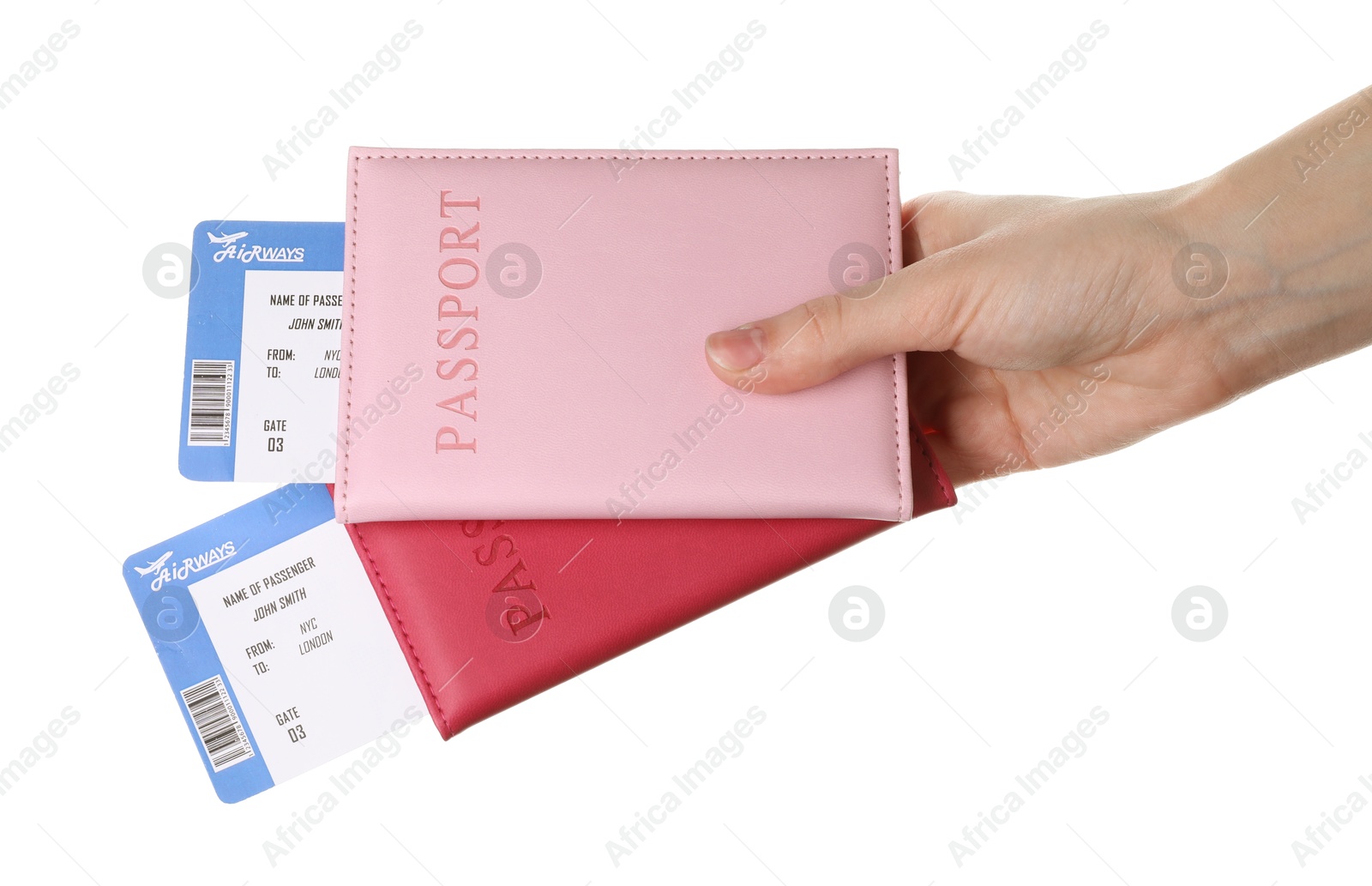 Photo of Travel agency. Woman holding flight tickets and passports on white background, closeup