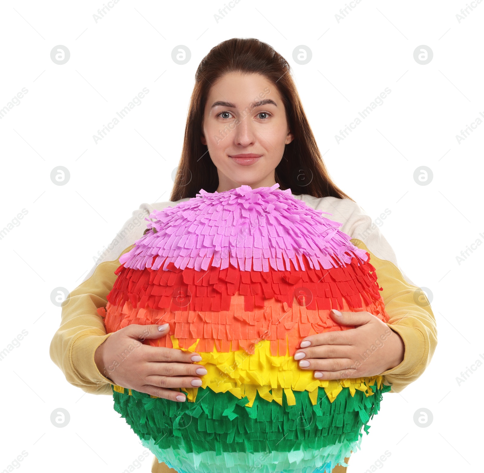 Photo of Woman with colorful pinata on white background