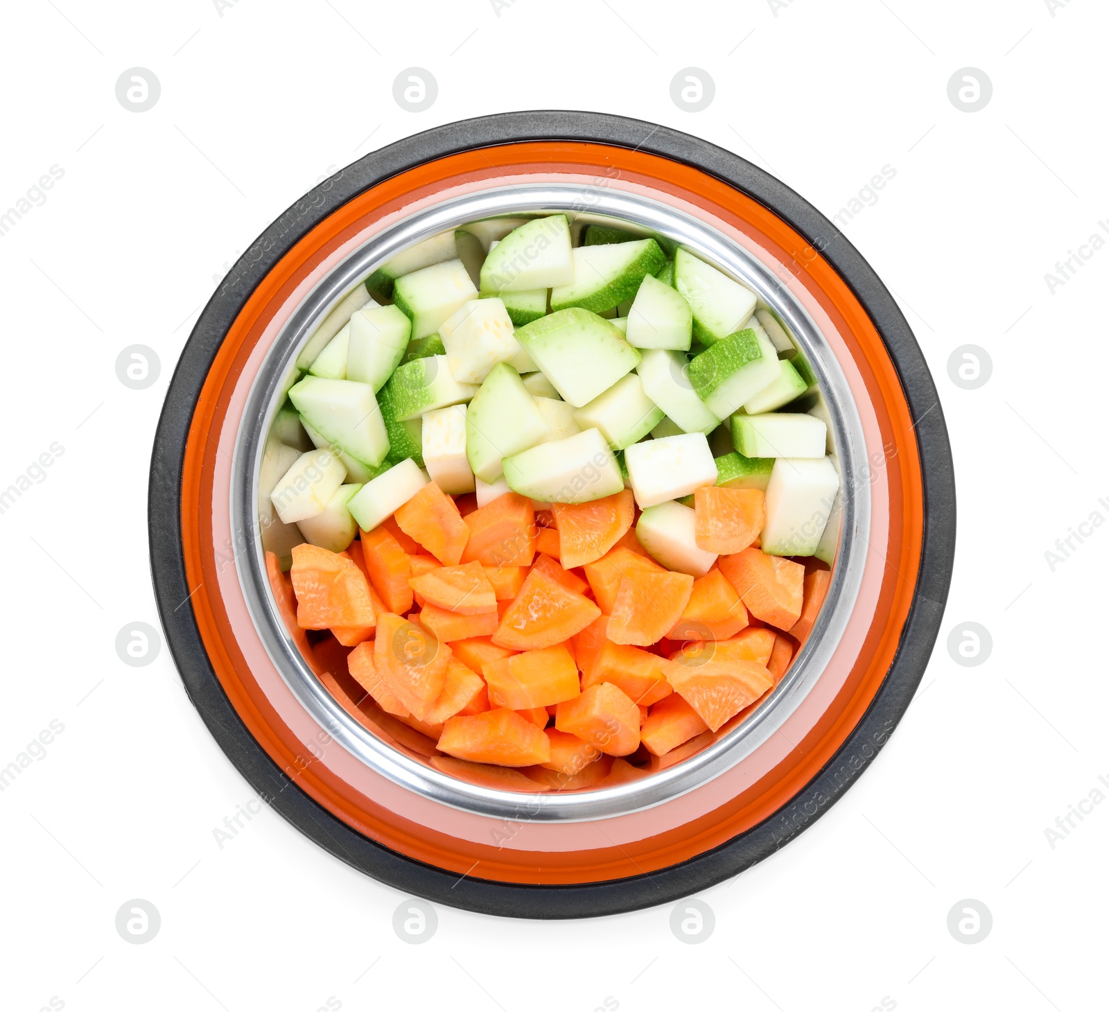 Photo of Natural pet food. Cut carrot and zucchini in feeding bowl isolated on white, top view