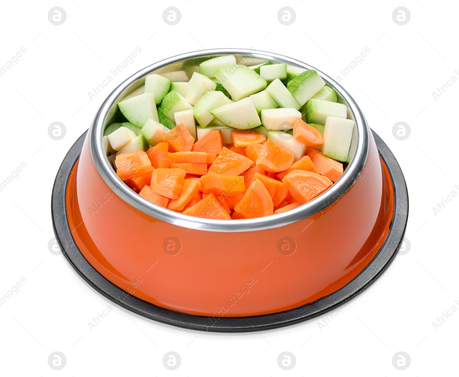 Photo of Natural pet food. Cut carrot and zucchini in feeding bowl isolated on white