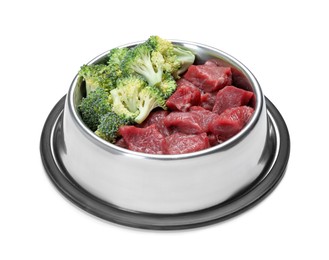 Photo of Natural pet food. Cut meat and broccoli in feeding bowl isolated on white