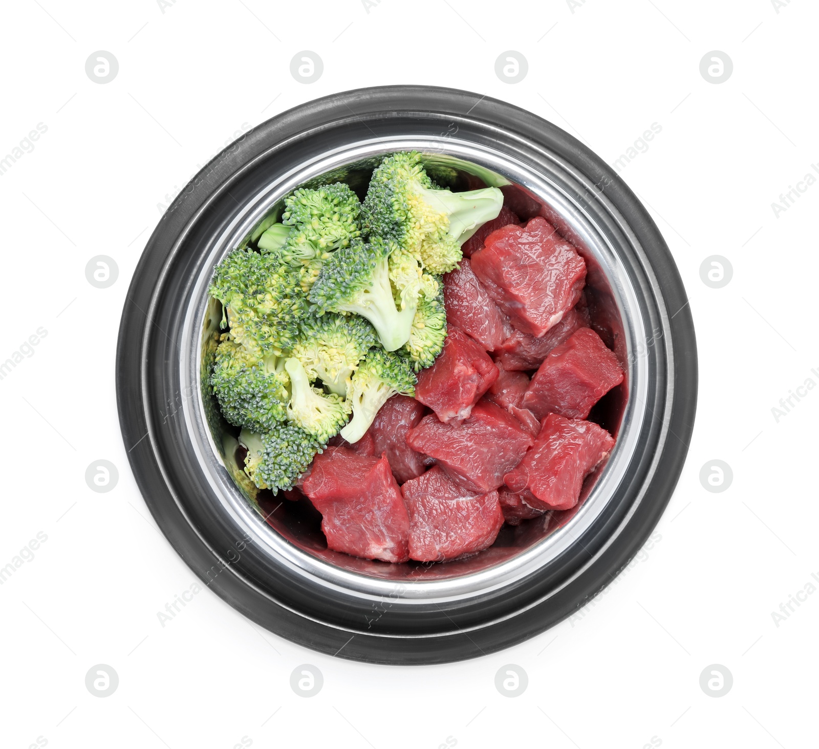 Photo of Natural pet food. Cut meat and broccoli in feeding bowl isolated on white, top view