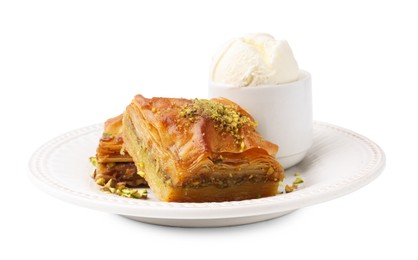 Photo of Delicious baklava with crushed nuts and ice cream isolated on white