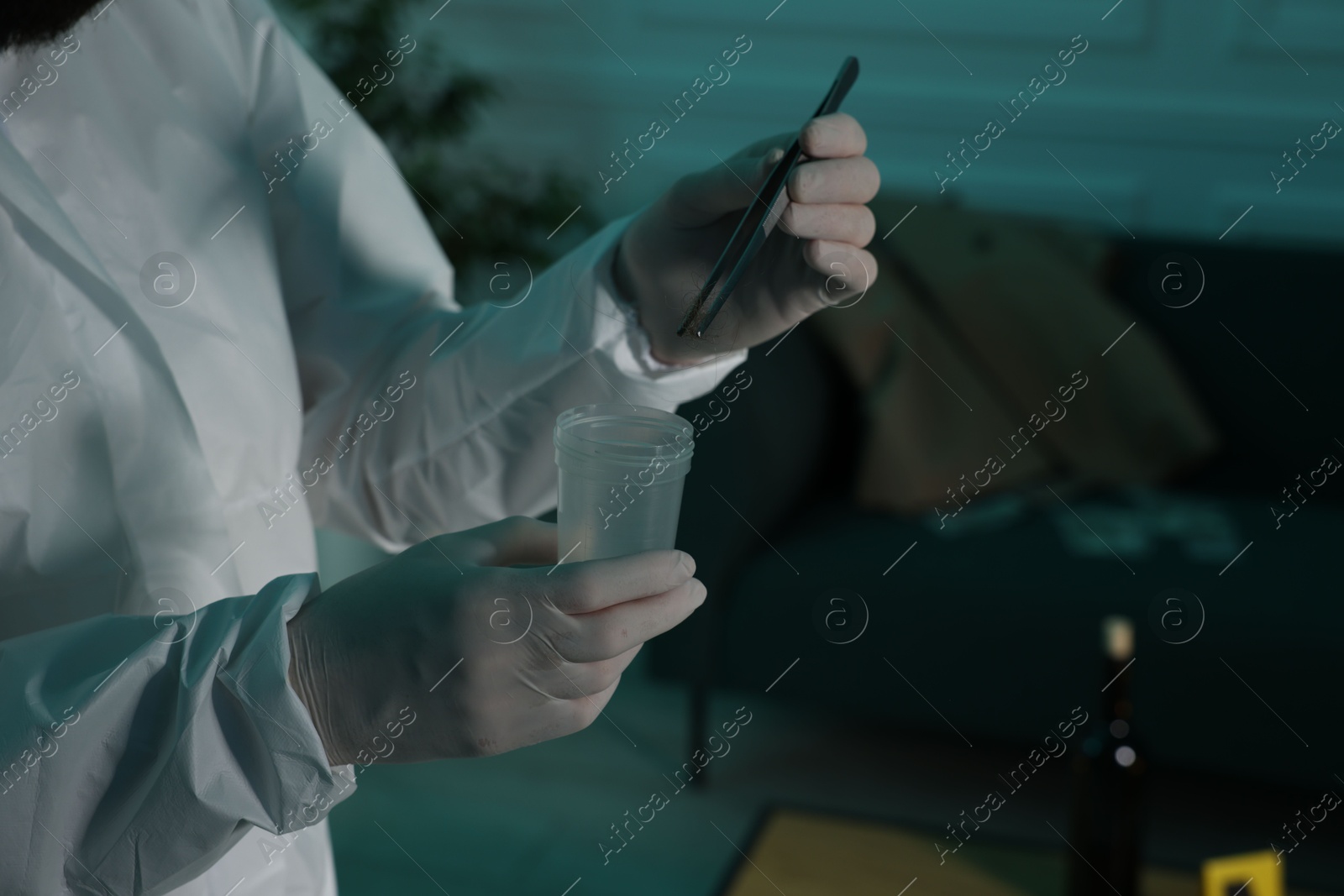 Photo of Forensic expert with tweezers collecting hair into container indoors, closeup. Space for text