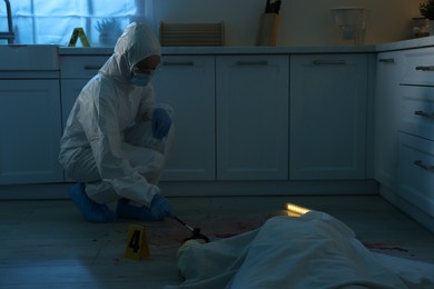 Forensic expert taking fingerprints with brush from gun and dead body at crime scene indoors