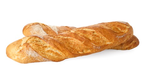 Photo of Freshly baked bread. Baguettes isolated on white