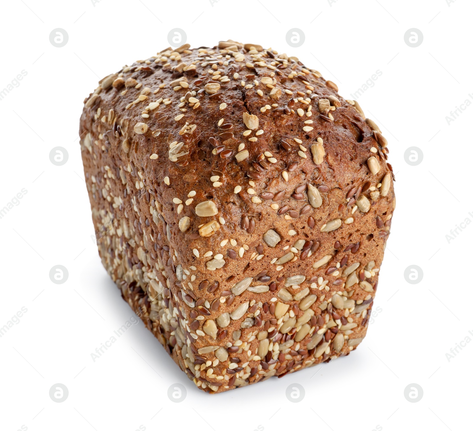 Photo of One freshly baked bread with seeds isolated on white