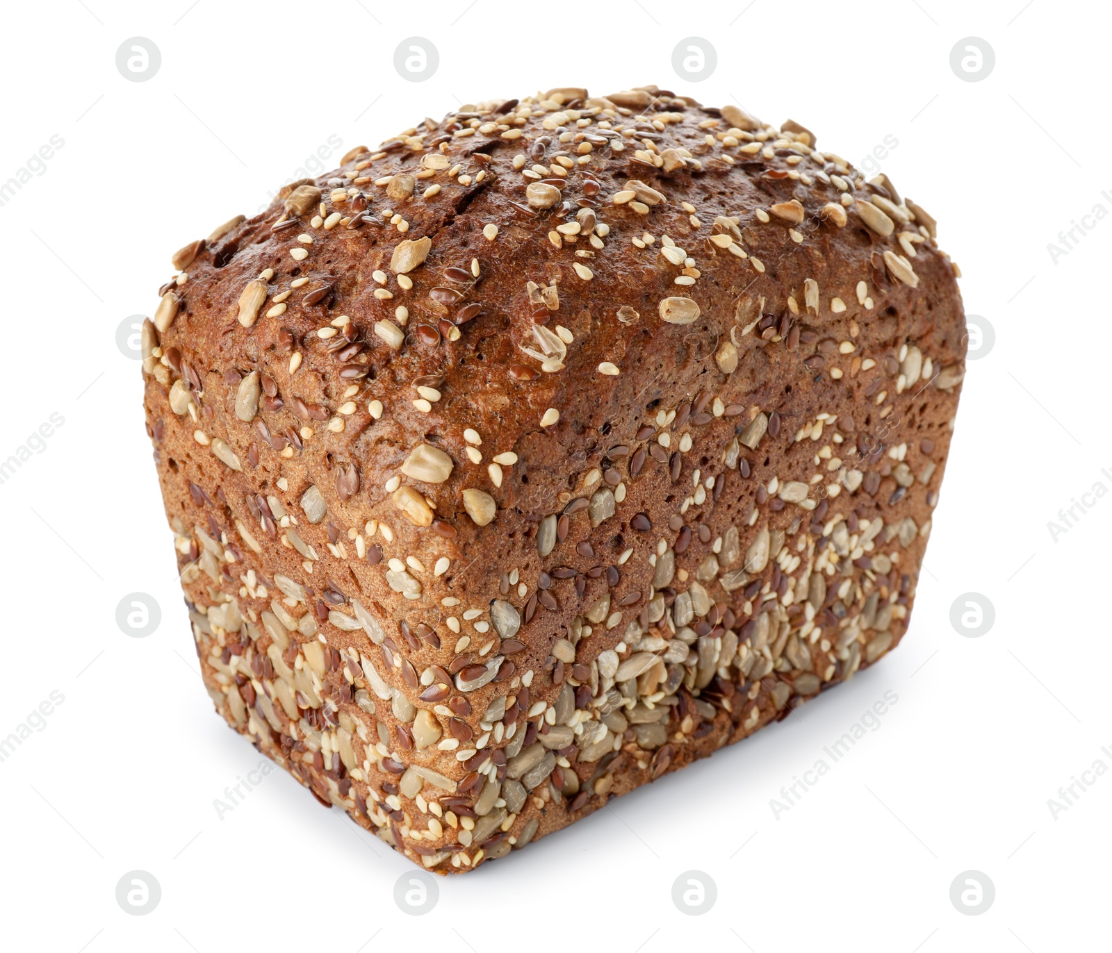 Photo of One freshly baked bread with seeds isolated on white