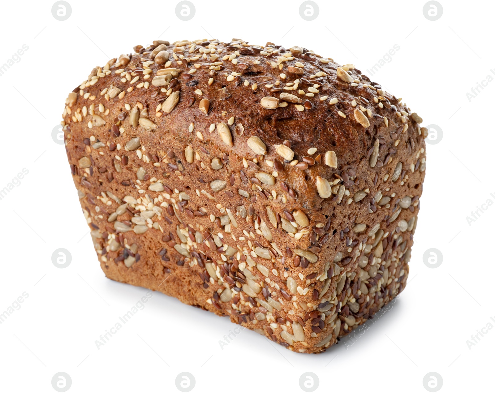 Photo of One freshly baked bread with seeds isolated on white