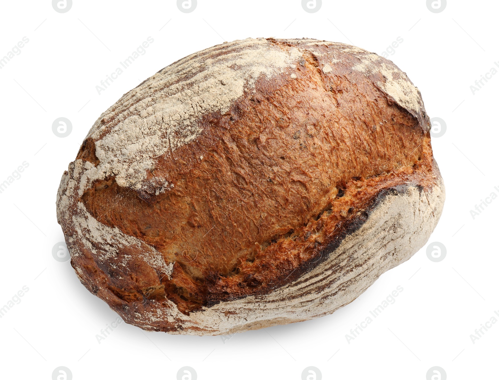 Photo of One freshly baked bread isolated on white, top view