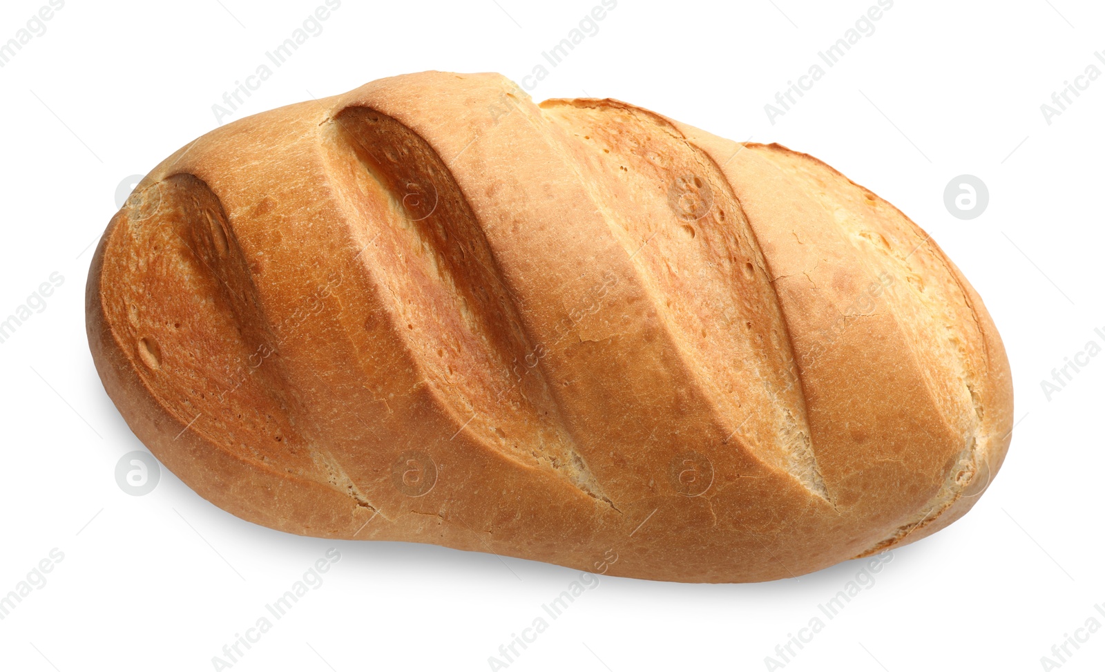 Photo of One freshly baked bread isolated on white, top view